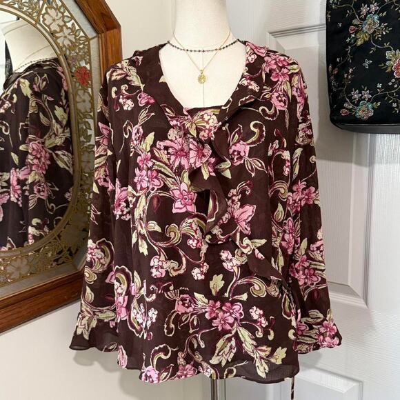 VTG Y2K Emma James Sheer Dark Brown Pink Floral Ruffled Bell Sleeve Wrap Top Set - Picture 3 of 8